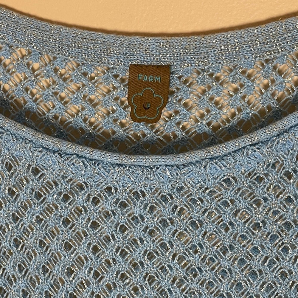 Farm Rio Open Knit Sweater P / US Size XS Blue Gold Metallic - Picture 8 of 12